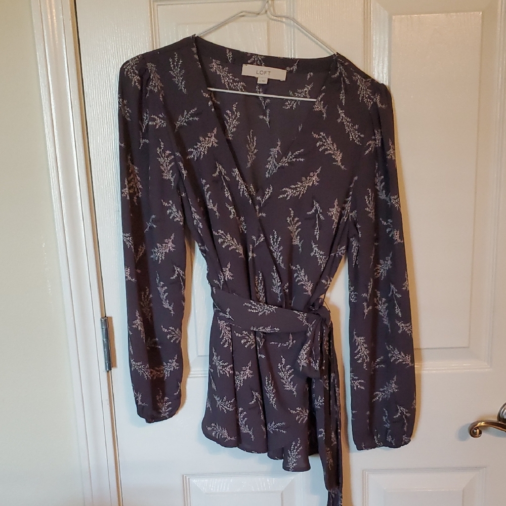LOFT Grey Patterned Wrap Blouse